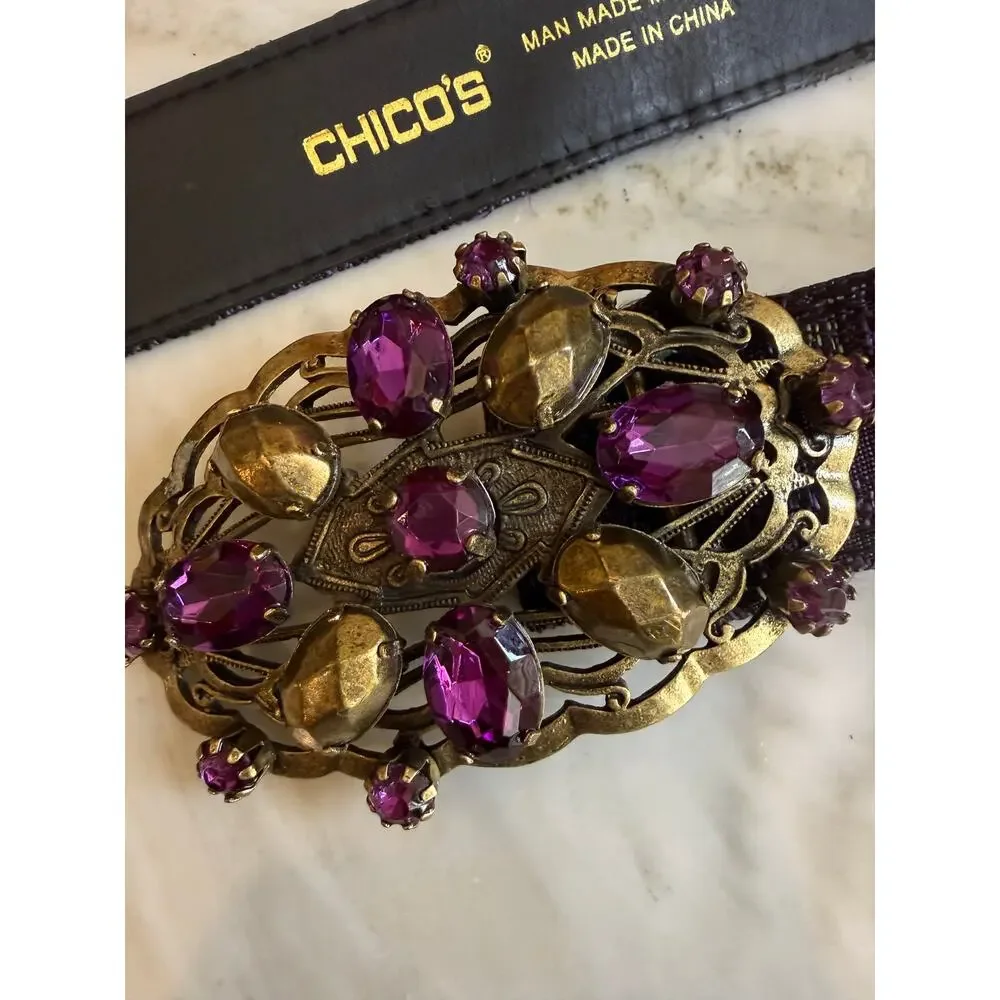Chicos Statement Belt Purple Tapestry Chunky Buckle Detail M